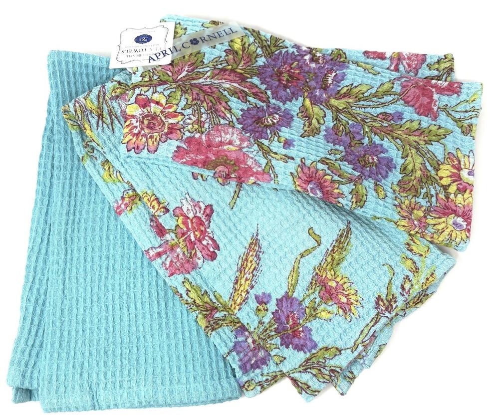 April Cornell WILDFLOWERS Turquoise Aqua Kitchen Dish Tea Towels Set Of 3 Bright